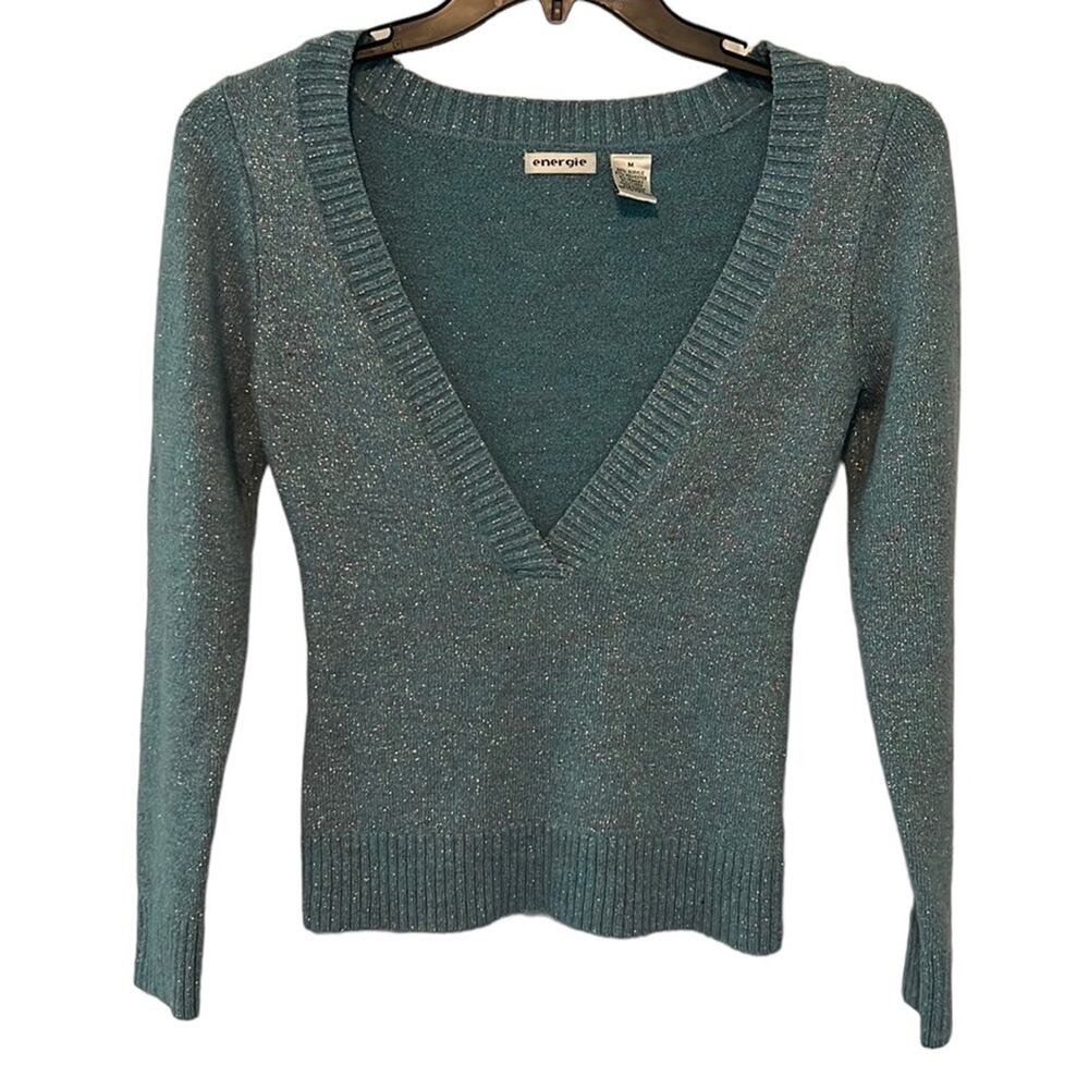 Energie Juniors Medium Blue & Purple Shimmer Long Sleeve Plunge V-Neck Sweater